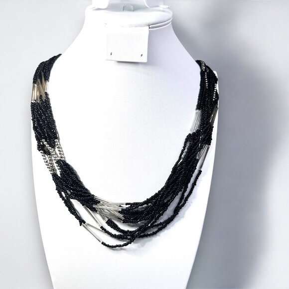 Unbranded Jewelry - Vintage Multi-Strand Glass Bead Necklace Black Silver 36-38In Adj Boho Elegant
